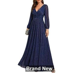 Ever-Pretty A-Line Glitter, V Neck, Long Sleeve Formal Dress, Size 10, NavyBlue